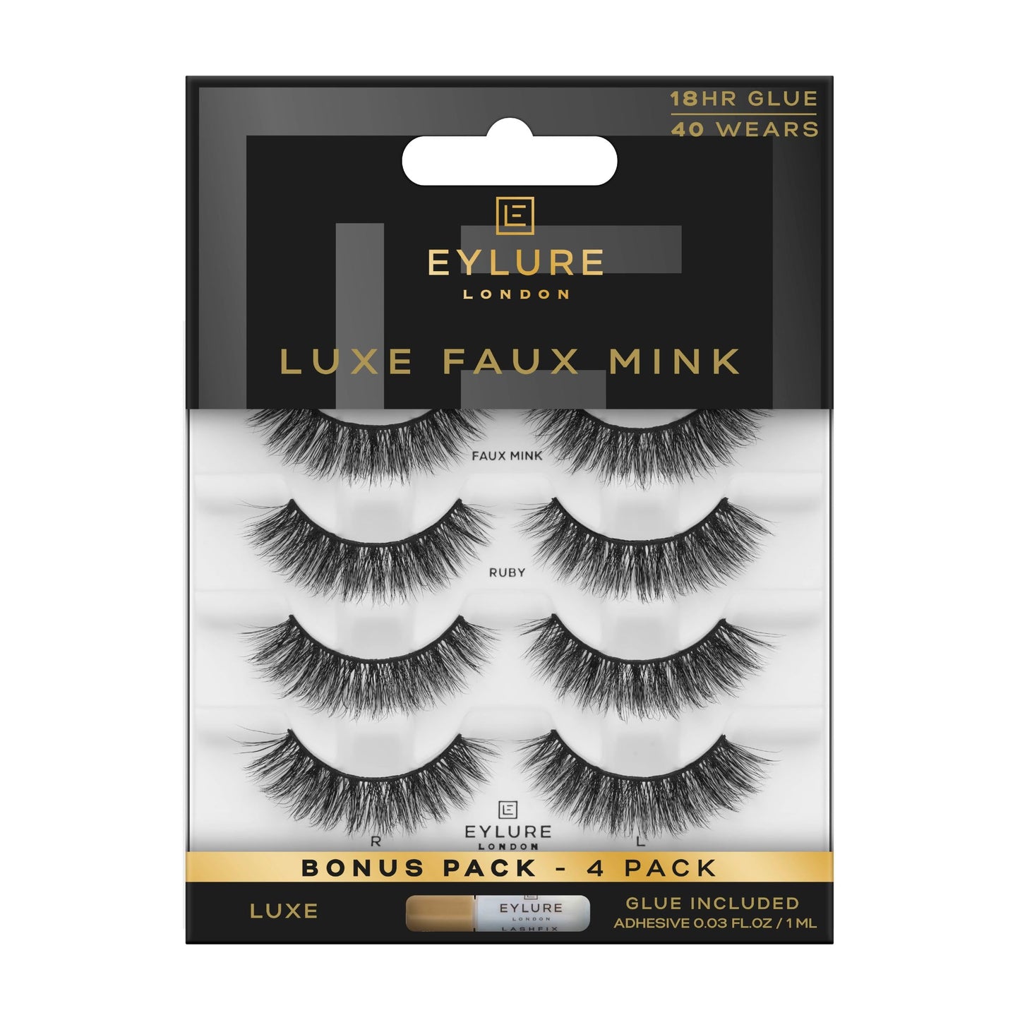 Eylure Luxe Faux Mink Ruby Eyelashes, Reusable Strip Lashes, Silk Effect Fibers, Black, Multipack (4 Pairs)