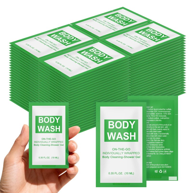 FAOEHN Travel Size Body Wash Packet Bulk Pack of 200,Individually Wrapped 0.35 fl oz(10 ml) Disposable Small Mini Bath Shower Gel Toiletries Supplies for Hotel,Guests,Homeless,Charity,Gym