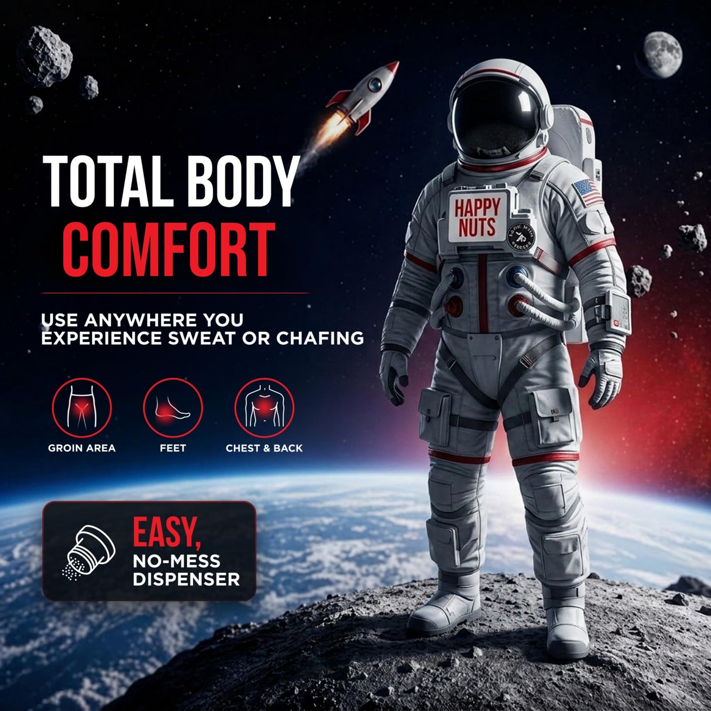 HAPPY NUTS Comfort Powder Deodorant For Men: Anti-Chafing Sweat Defense, Odor Control, Aluminum-Free, 6 oz (3 Pack), Original Scent