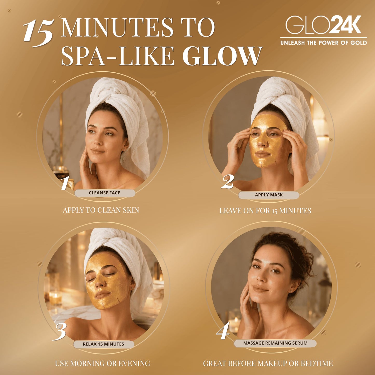 GLO24K Collagen Face Mask – 24K Gold Face Mask, Hydrating Facial Mask with Hyaluronic Acid, Anti Aging Face Mask, Gold Hydrogel Mask for Skin Care, 5 Pack