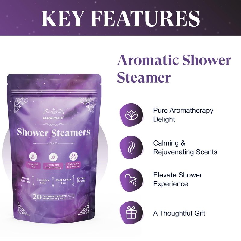 GlowlyLite Aromatherapy Shower Steamers | 20-Pack Essential Oil Shower Bombs Aromatherapy for Relaxation, Stress Relief | Shower Melts for Bath, Gifts for Mom, Stocking Stuffers & Christmas (Purple)
