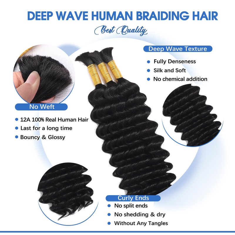 Human Braiding Hair for Boho Braids 18Inch 120g 12A Deep Water Wave Braiding Hair for Curly Boho Hair Braiding Knotless Bulk Bohemian Natural Black