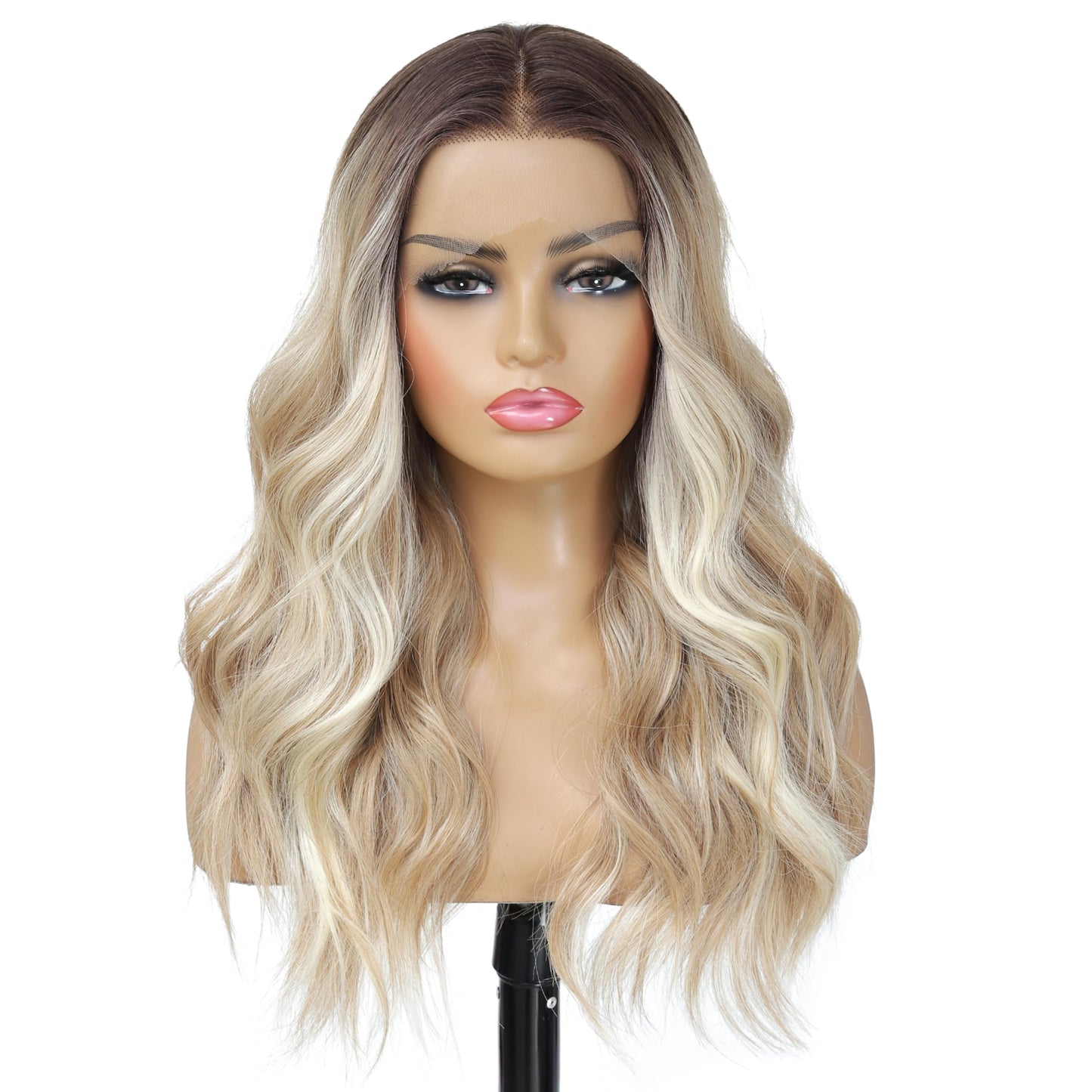 LuxeMelan Ash Blonde Balayage Blonde Lace Front Wig, Middle Part 20 Inch HD Lace Wig, Dark Brown to Golden Blonde Highlight M Hairline Natural Fit Natural Wavy Ombre Synthetic Heat Resistant Fiber