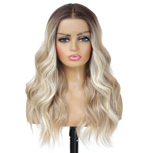 LuxeMelan Ash Blonde Balayage Blonde Lace Front Wig, Middle Part 20 Inch HD Lace Wig, Dark Brown to Golden Blonde Highlight M Hairline Natural Fit Natural Wavy Ombre Synthetic Heat Resistant Fiber