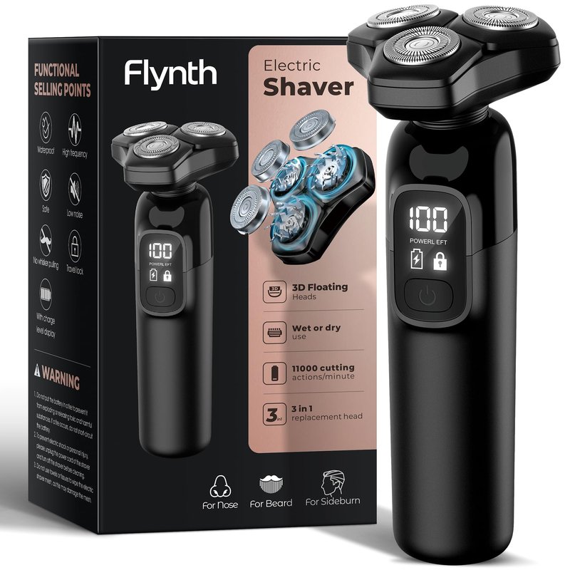 Electric Razor for Men Flynth 3-in-1 Cordless Shaver 3-Blade Rotary Shavers Wet/Dry for Beard Nose & Face, IPX7 Waterproof Fast Charge Travel Trimmer Grooming Set