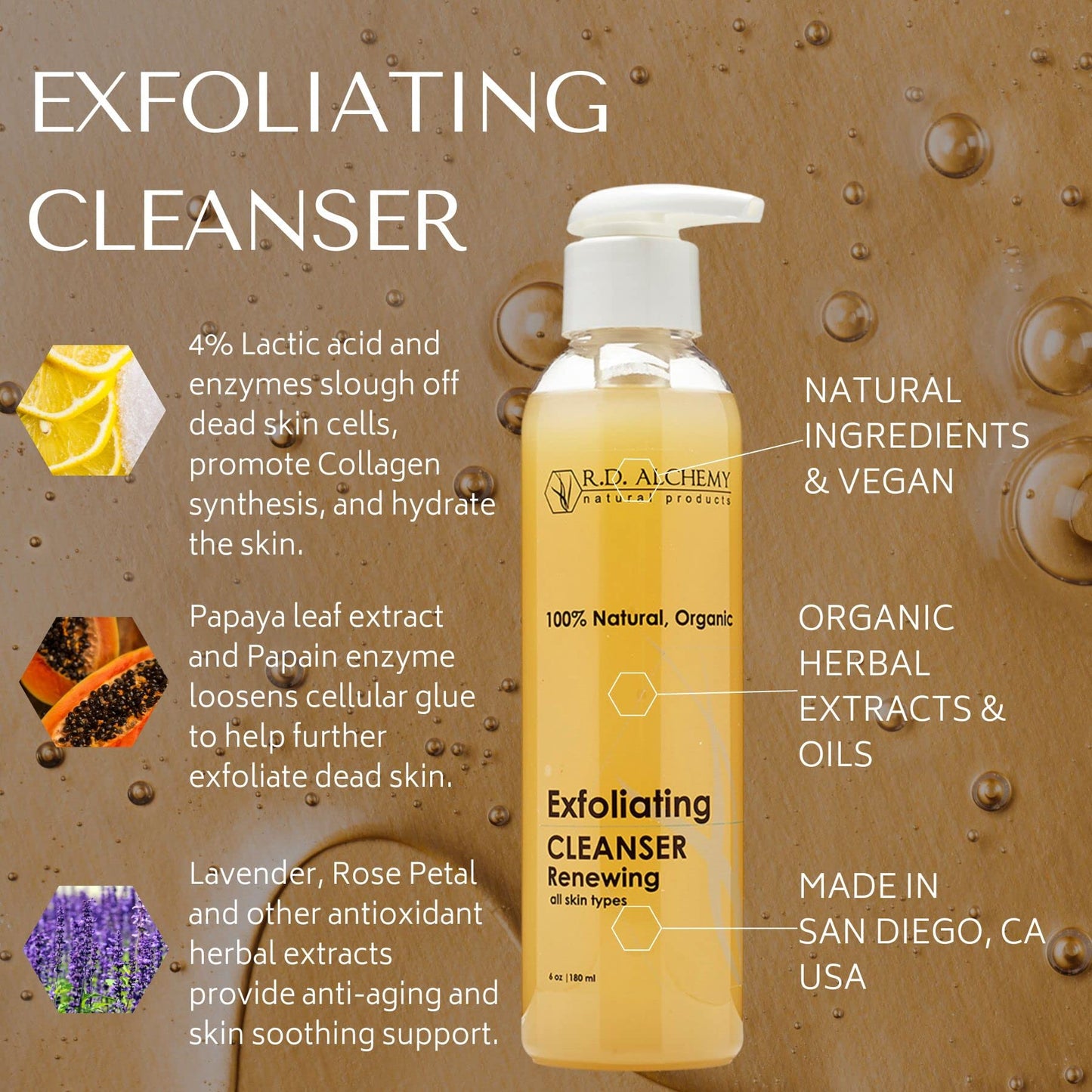 RD Alchemy - Natural & Organic Exfoliating Cleanser - Sulfate-Free for All Skin Types. Gently Removes Dirt, Oil & Makeup While Smoothing & Brightening Skin with Exfoliating AHAs.