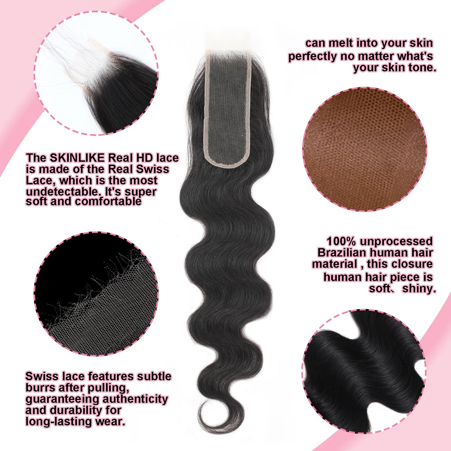2x6 Skinlike Real HD Lace Closure Body Wave Human Hair Closure Invisible Ultra-thin 2x6 Kim K Lace Closure Brazilian Virgin Human Hair Pre Plucked Natural Black 16 Inch