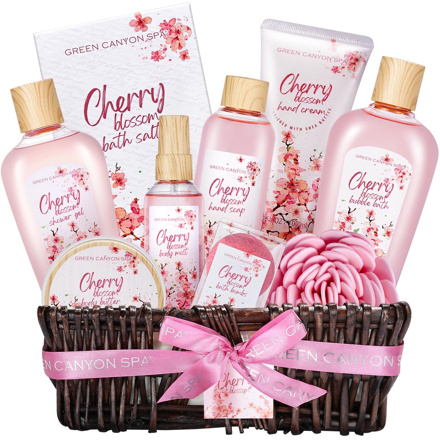 Green Canyon Spa Birthday Gifts for Women 11 Pcs Cherry Blossom Spa Gift Baskets Gift for Mom Friend Sister Wife Mothers Day Gifts Bath and Body Gift Sets Presents for Women