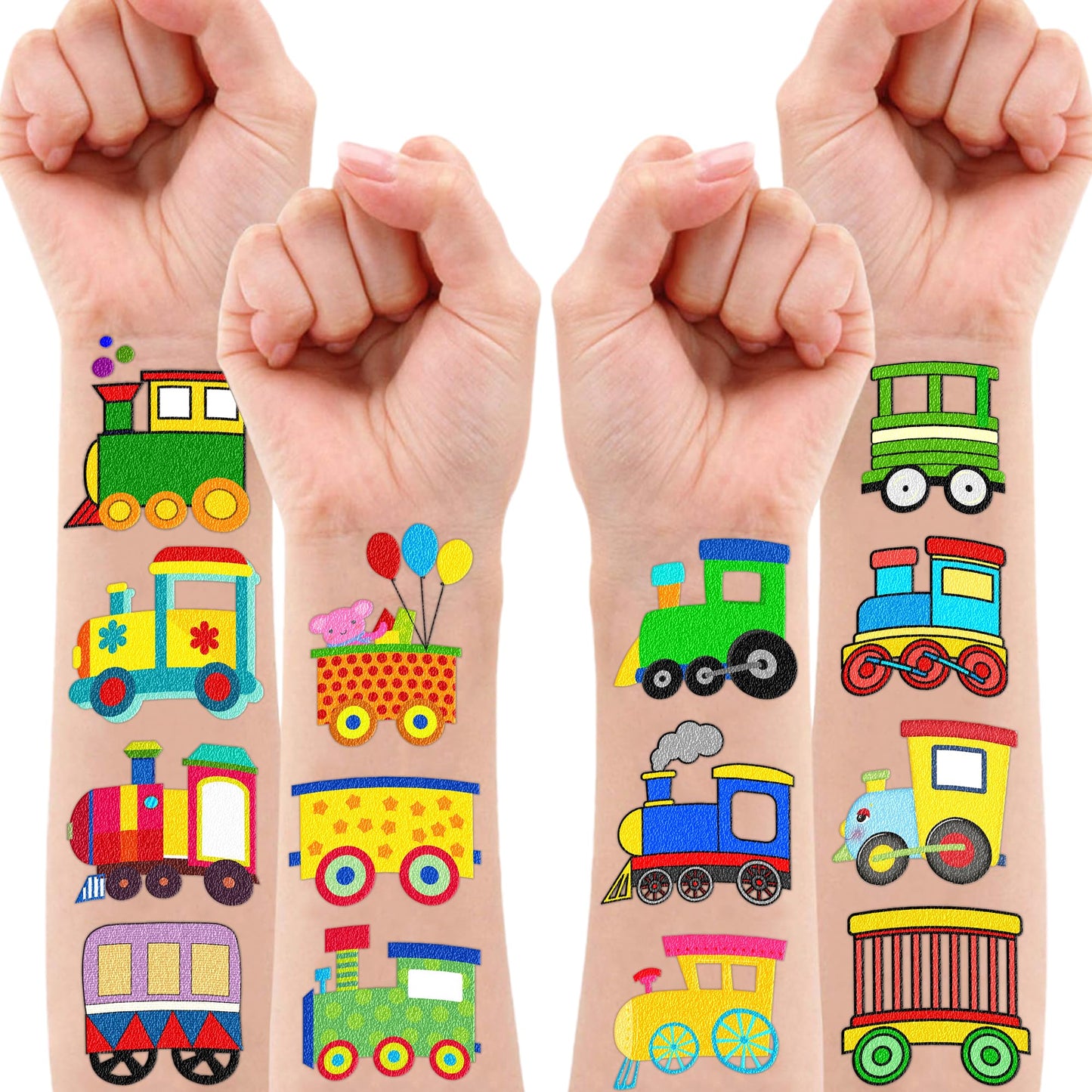 Train Temporary Tattoos for Kids - 8 Sheets 96 PCS Cute Railway Crossing Stickers, Birthday Party Favors, Supplies & Decorations for Boys and Girls