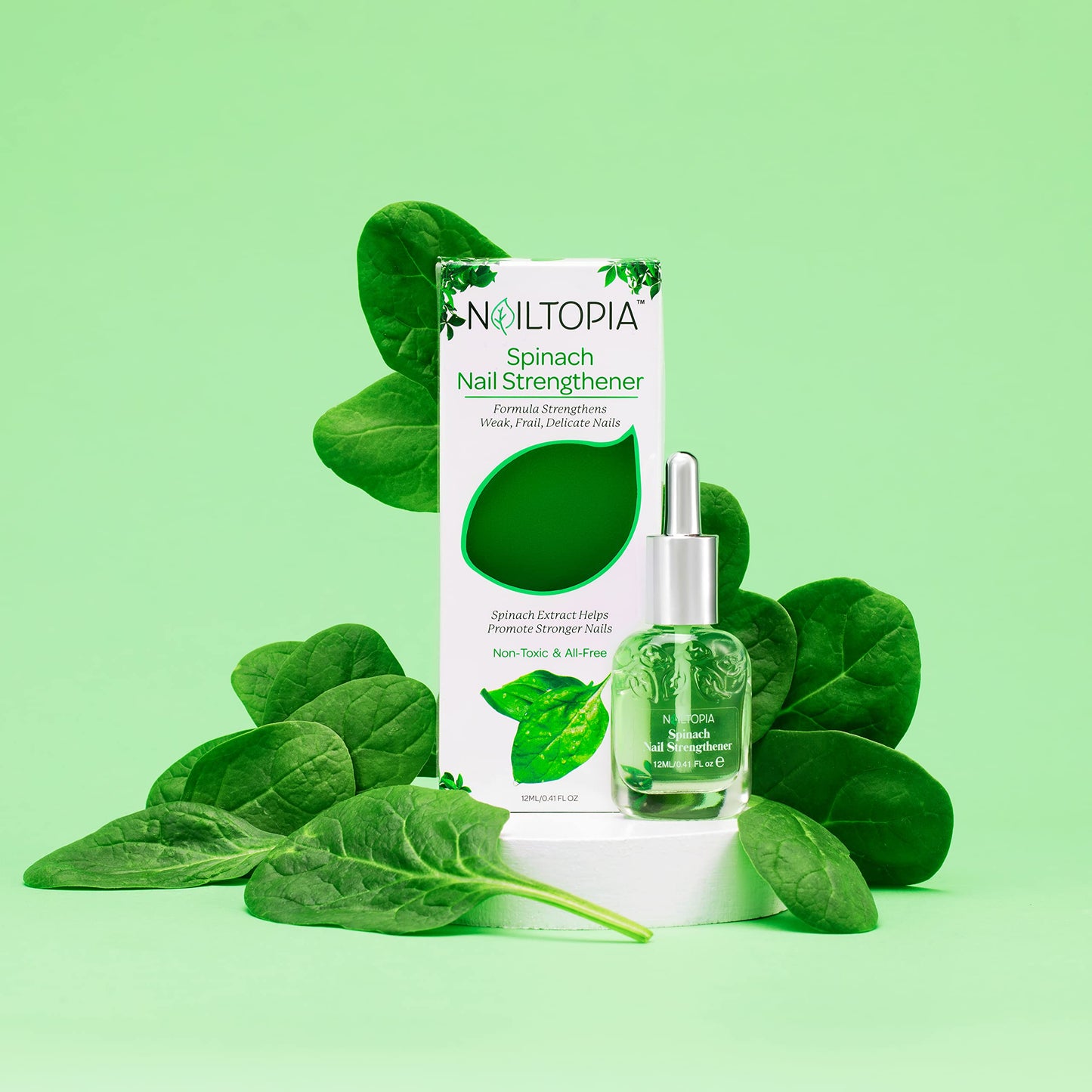Nailtopia Spinach Nail Strengthener - Revitalizing Nail Strengthener Treatment for Stronger Nails - Growth Serum for Damaged, Thin, Cracked Nails - Vitamin Infused, Bio Sourced, and Vegan - 0.41 oz