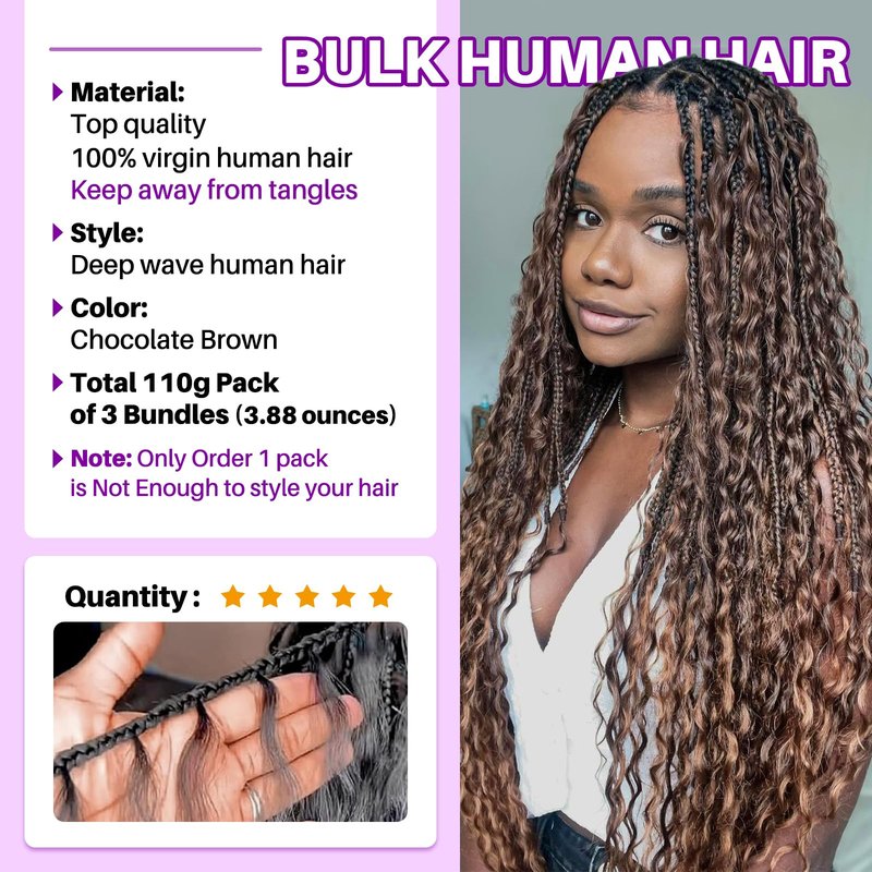 Human Braiding Hair for Boho Braids, Deep Wave Bulk Boho Braids Human Hair for Knotless Curly Bohemian Water Wave Boho Hair for Braiding 110g 16 Inch Natural Color (3 No Weft Bundles/Pack)
