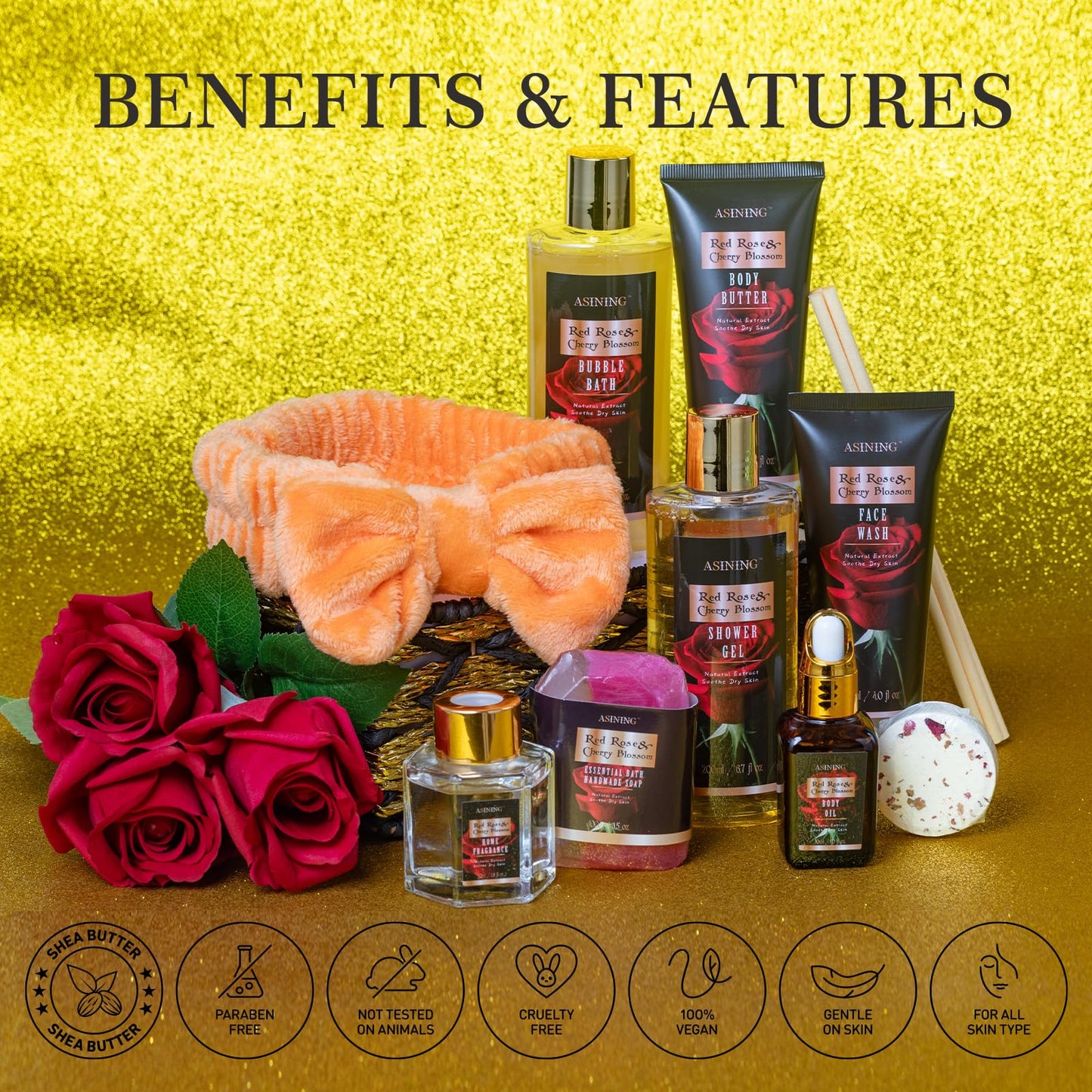 Luxury 14 pcs Cherry Blossom & Rose Bath and Body Basket Gift, Face Skin Care Kit, Home Spa Self Care, Relaxing Care Kit, Birthday, Christmas, Mother, Bridal Shower, Anniversary