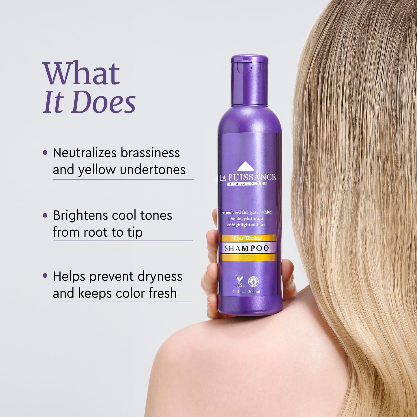 LA PUISSANCE Silver Toning Purple Shampoo - Purple Shampoo for Blonde Hair & Gray or white Hair - Neutralizes Brassiness, Adds Shine, Hydrates & Softens - Paraben-Free, For Home and Salon Use