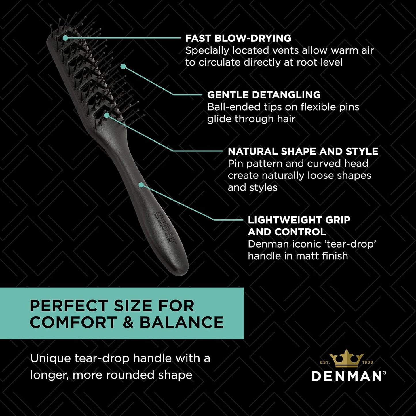 Denman D200 Flexible Vent Brush - Blow Drying Styling Tool for Curly, Thick & Straight Hair | Black