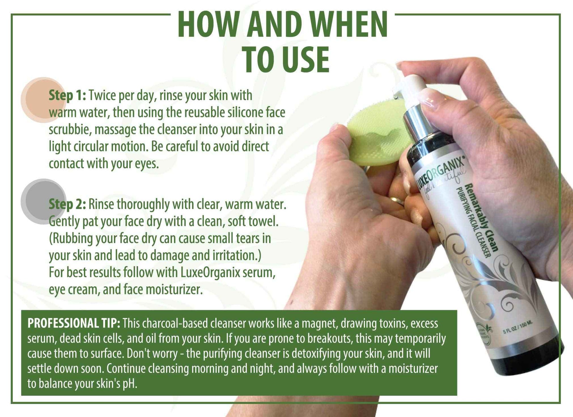 LuxeOrganix Purifying Organic Face Wash for Oily Skin with Bamboo Charcoal, Vitamin C, Aloe Vera, and Silicone Scrubby (5 oz)