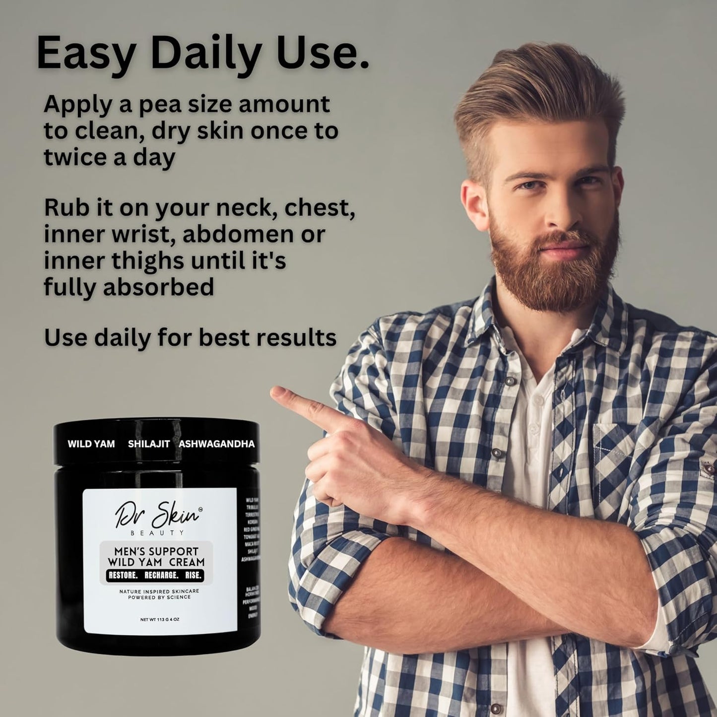 Men's Organic Wild Yam Cream for Hormone Balance - Natural T-Booster with Ginseng & Tongkat Ali | 4oz, Made in USA