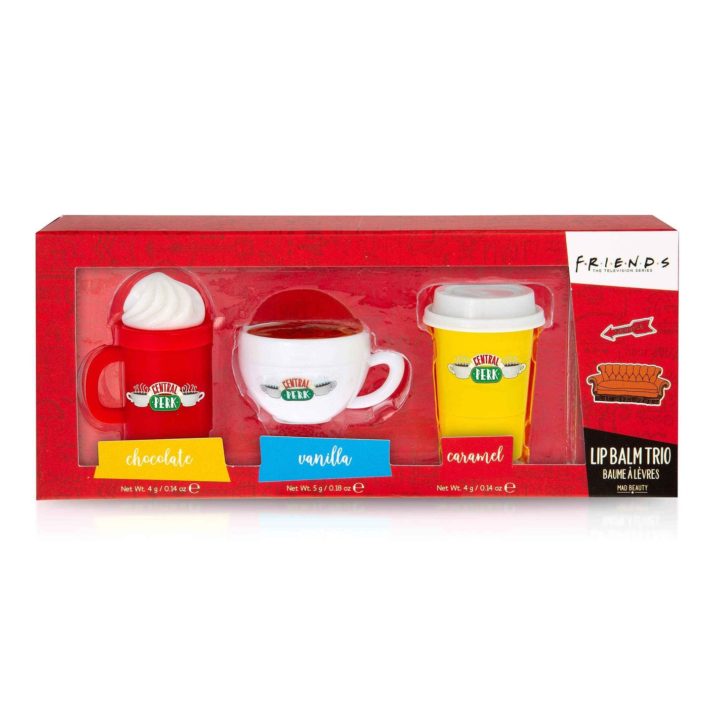 Mad Beauty Friends The Television Series Lip Balm Set (3-Pack) | Central Perks Cafe Theme | Vanilla, Caramel, Chocolate | Cruelty-Free Cosmetics | Skincare Gifts for Women, Adults, and Kids