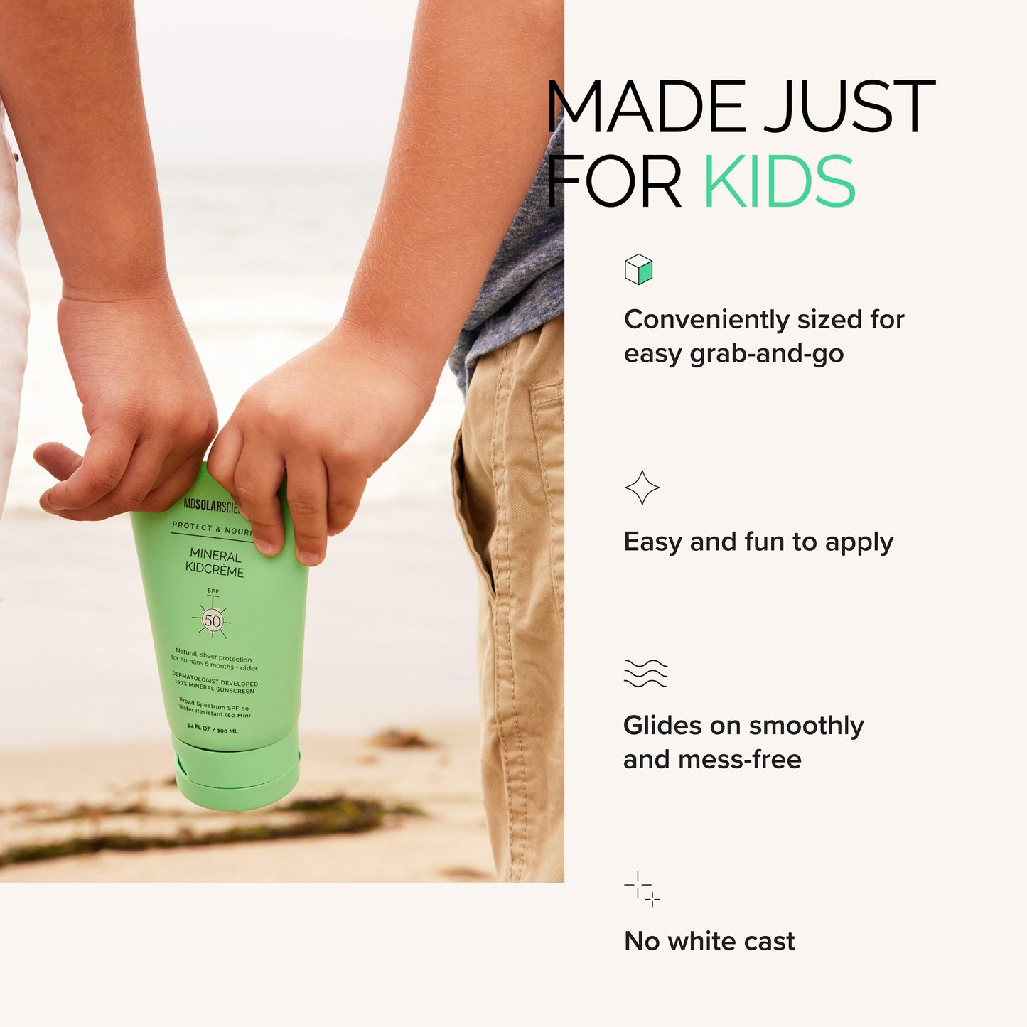 MDSolarSciences Mineral KidCrème SPF 50 | Gentle Kids Sunscreen | Zinc Oxide & Squalane Formula | Water-Resistant Fragrance-Free Protection | 3.4 Fl Oz