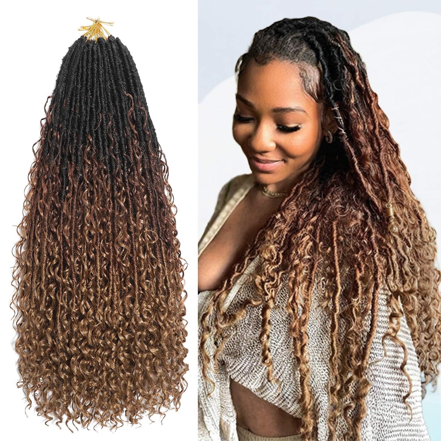 30 inch Boho Soft Locs Crochet Hair 8 Packs Boho Faux Locs Crochet Hair Pre-looped Goddess Locs Hair with Curly Ends Bohemian River Locs for Black Women (1B/30/27#）
