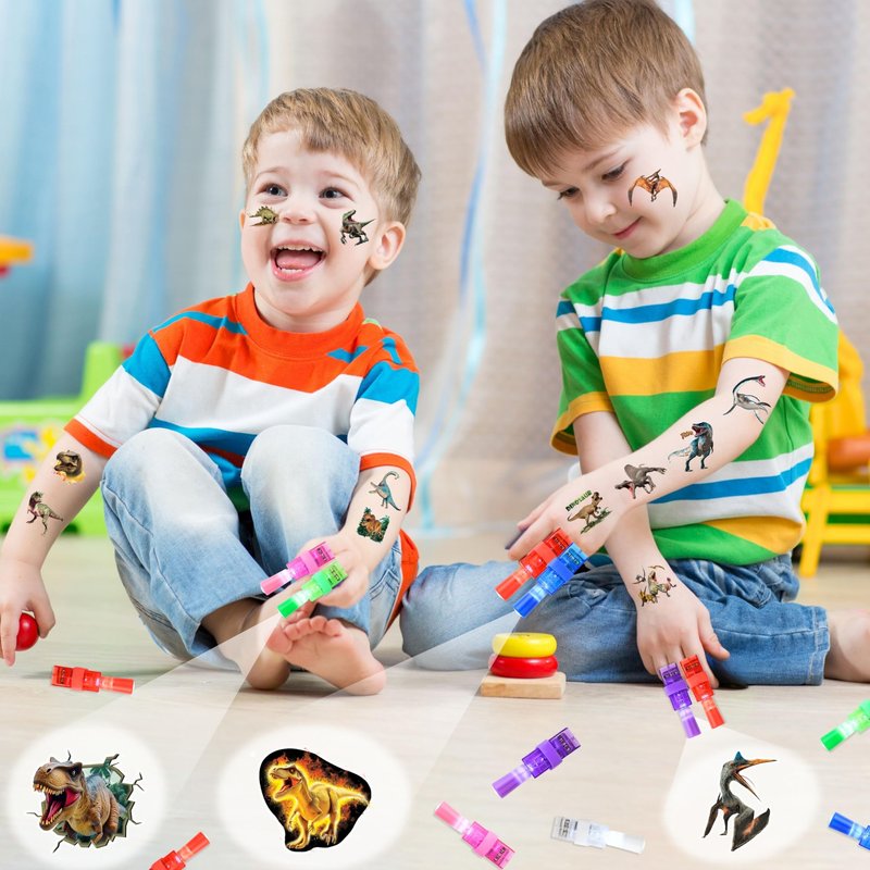 72 PCS Dinosaur Party Favors – 48 PCS Tattoos & 24 PCS LED Finger Lights Combo–Birthday Goodie Bag Fillers, Party Supplies, Gifts Light Up Toys Glow In The Dark for Boys and Girls (Dinosaur 3D)
