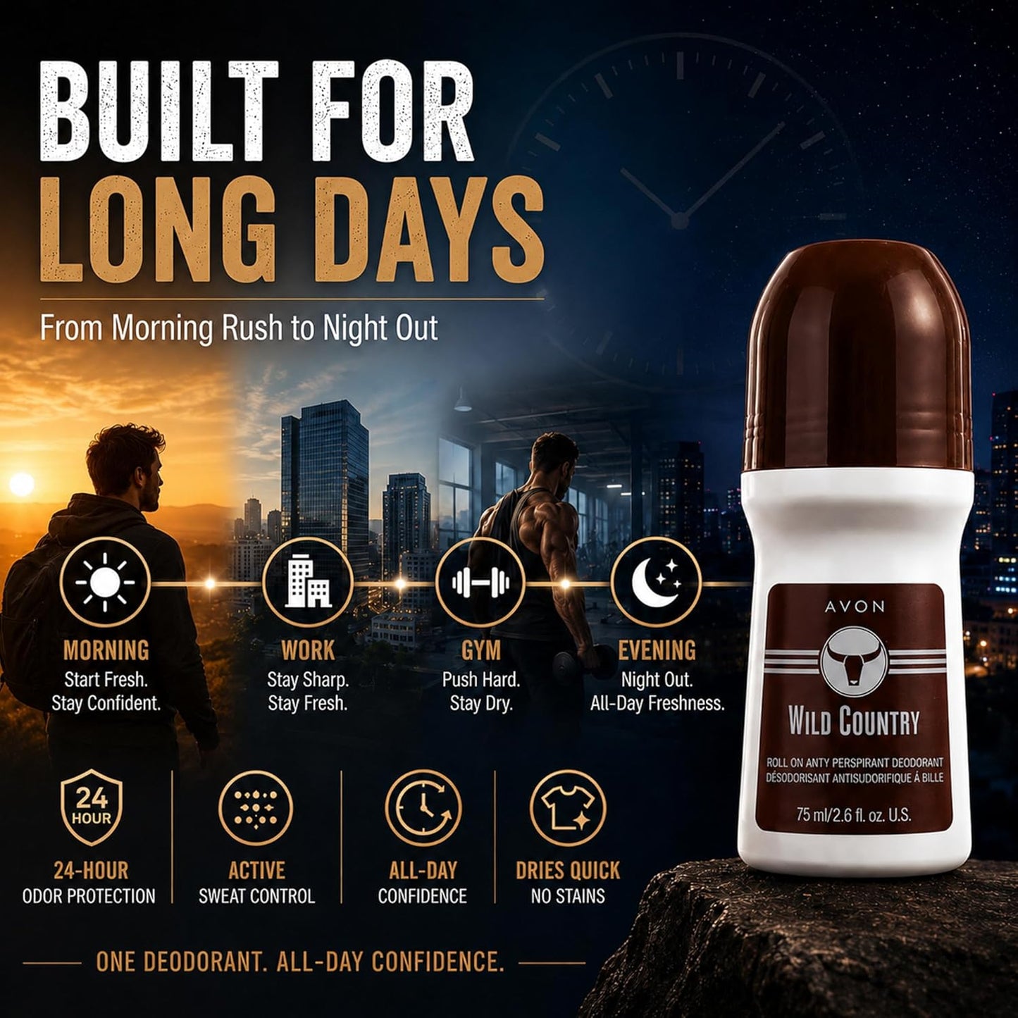AVON Wild Country Roll-On Antiperspirant Deodorant for Men - 24-Hour Odor Protection, Quick-Dry Formula | Pack of 4, 2.6 oz