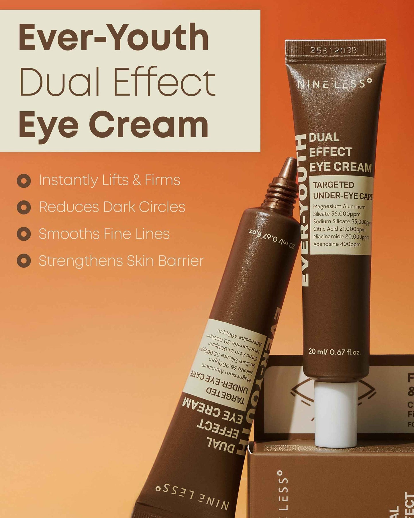 NINELESS Ever-Youth Dual Effect Eye Cream Korean Skincare Instant Lifting Technology for Firm Eyes with Niacinamide Adenosine Hyaluronic Acid Ceramides for Fine Lines Bags Puffiness 0.5 fl oz