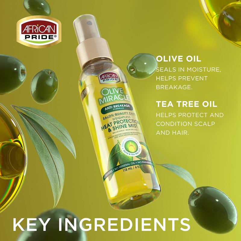 African Pride Olive Miracle Weightless Heat Protection & Hair Shine Mist (3 Pack), Fights Humidity & Shields Against Heat Damage, Enriched with Olive & Tea Tree Oils, 4 oz