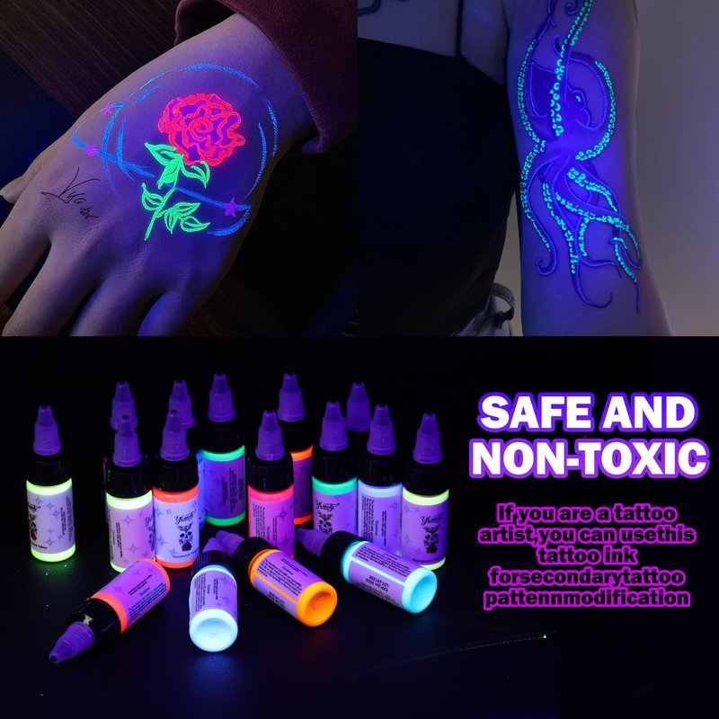 Ybeauty 16 Color Tattoo Ink Set - 16pcs 15ml/Bottle Professional Tattoo Fluorescent Ink & Equipment for Halloween Supplies
