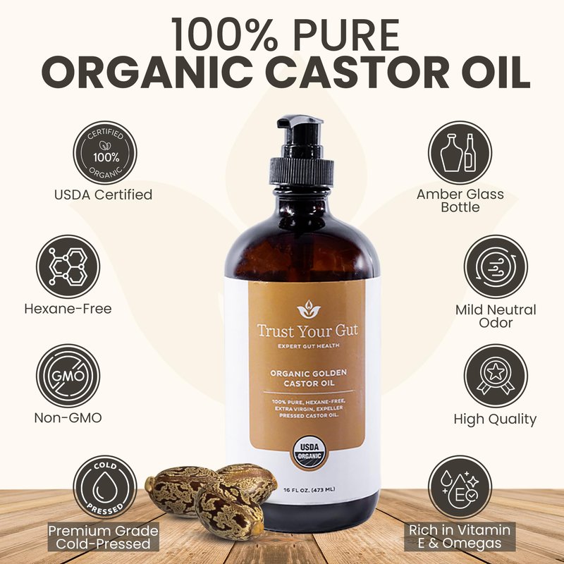Trust Your Gut Organic Castor Oil 16oz – USDA Certified, Cold-Pressed, Hexane-Free – Extra Virgin Oil for Detox, Liver Support, Lymphatic Flow, Skin, Hair Growth & Castor Oil Wraps