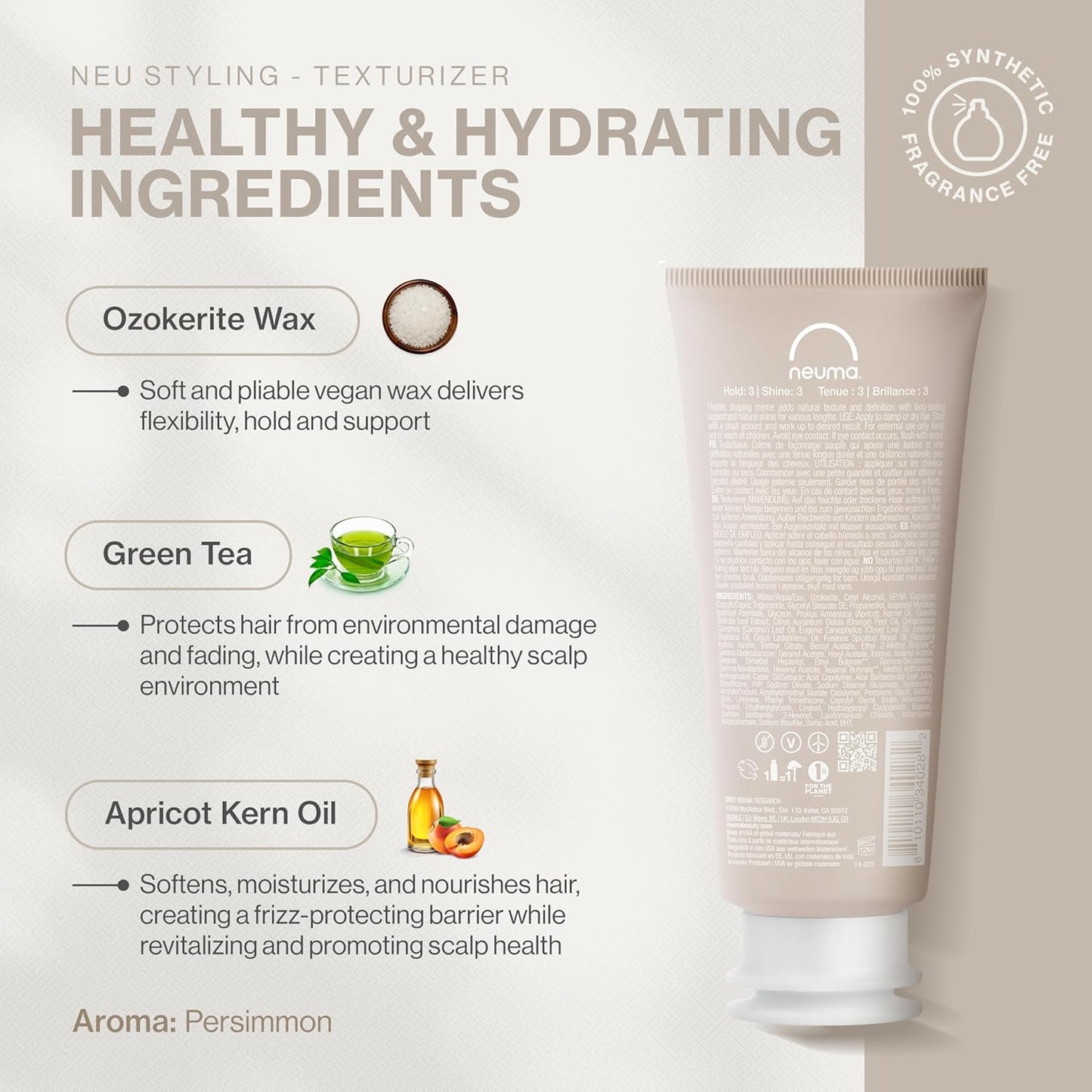 Neuma Neu Styling Hair Texturizer Crème - 3.4 Fl. Oz. Texturizing Cream with Persimmon Scent for Effortless Style