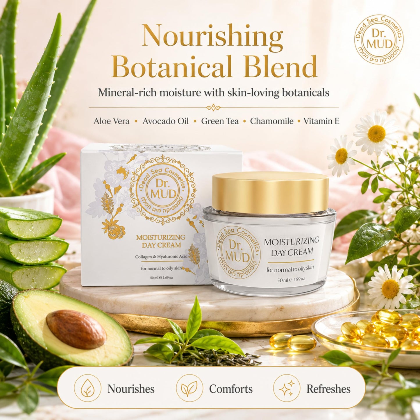 Dr.MUD Premium Moisturizing Day Cream for Normal to Oily Skin, Luxurious Dead Sea Mineral Face Moisturizer with Hyaluronic Acid, Collagen, Vitamin E, Green Tea and Aloe Vera, 50 ml