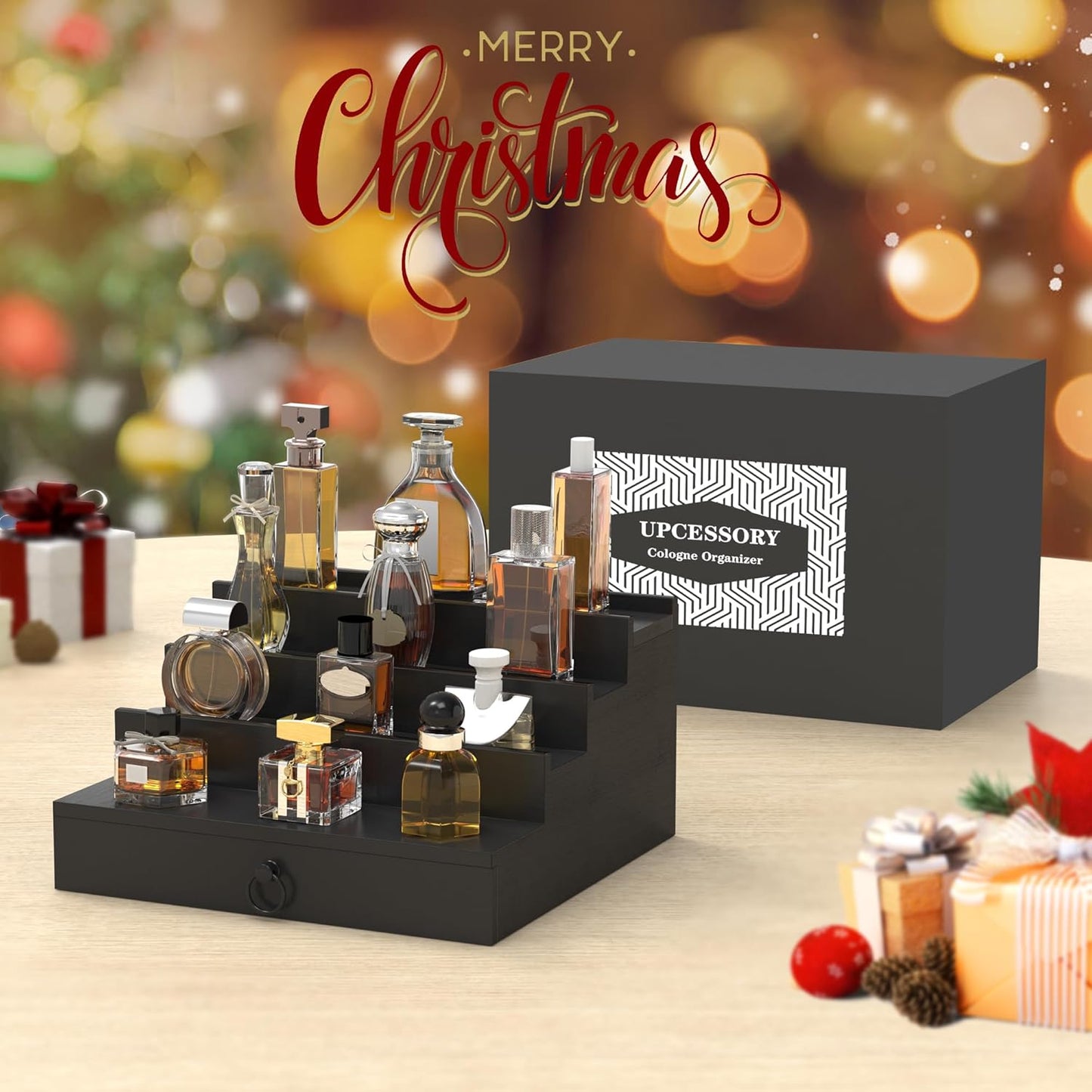 Cologne Organizer for Men - 4-Tier Black Wood Perfume Holder with Felt Lining & Hidden Compartment | Perfect Gift Idea