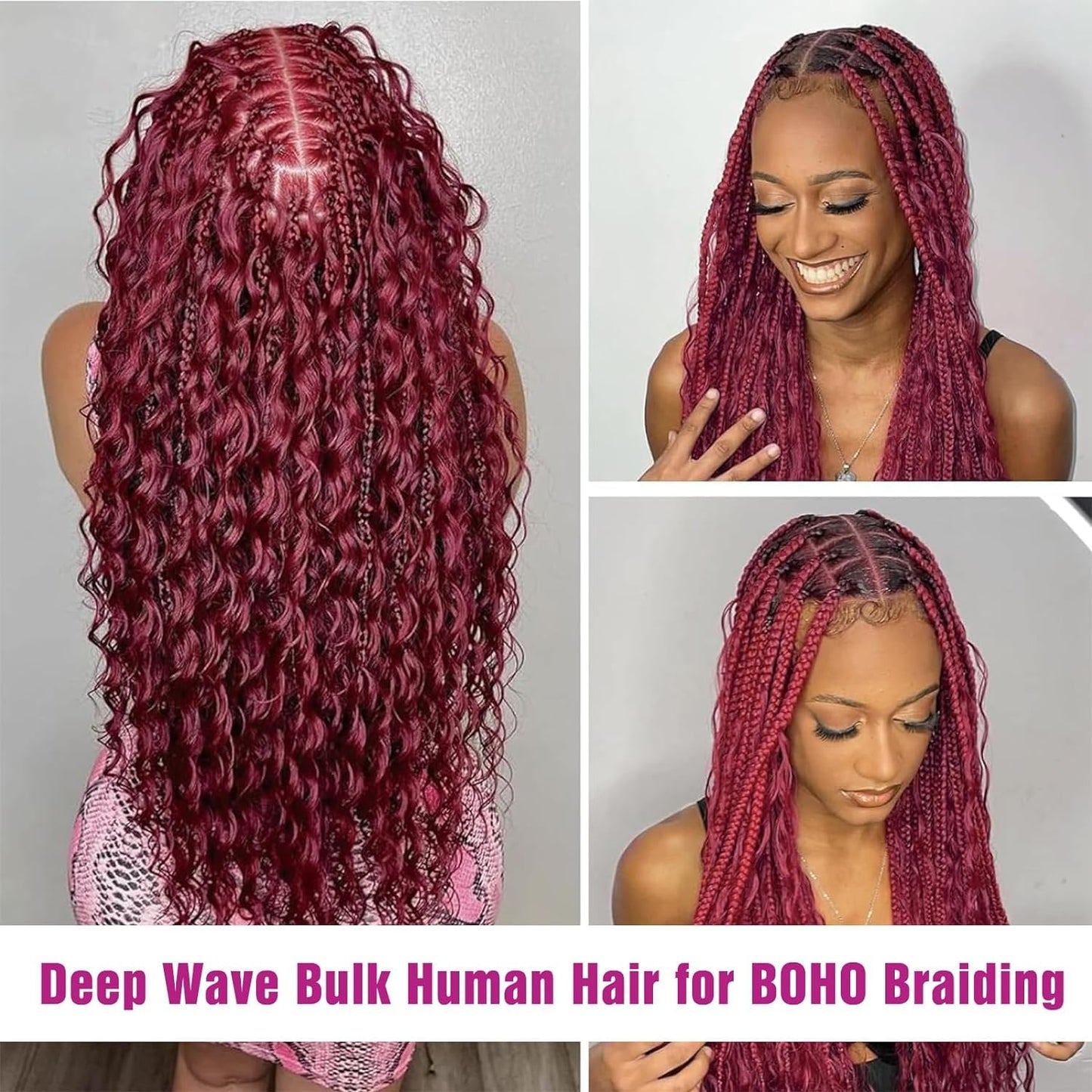 Human Braiding Hair 2 Bundles/Pack 100g Burgundy 99J Curly Deep Wave Human Bulk Hair for Braiding No Weft 10A Brazilian Virgin Human braiding Hair 99J (Burgundy 99J, 14 inch/100g)