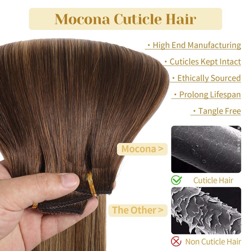 Mocona Clip in Hair Extensions Real Human Hair, 12 Inch 7pcs 70g/Pack - Ombre Chocolate Brown to Caramel Blonde, Soft Hair Extensions Real Human Hair Clip ins Straight for Women (12 Inch)