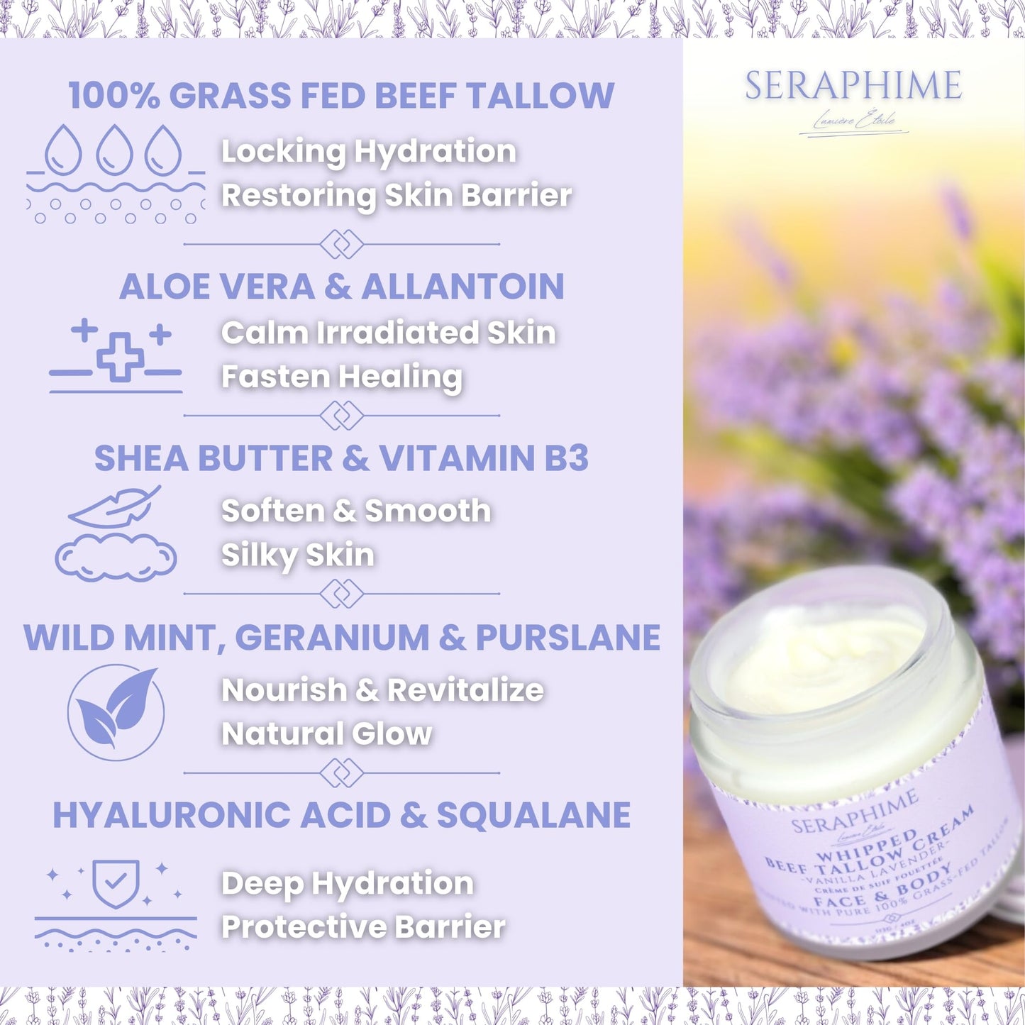 Seraphime Whipped Beef Tallow for Skin Care, Organic Pure Grass Fed Beef Tallow Moisturizer Cream for Face & Body Lotion, Cow Tallow with Niacinamide, Shea Butter & Aloe, Vanilla Lavender 4oz