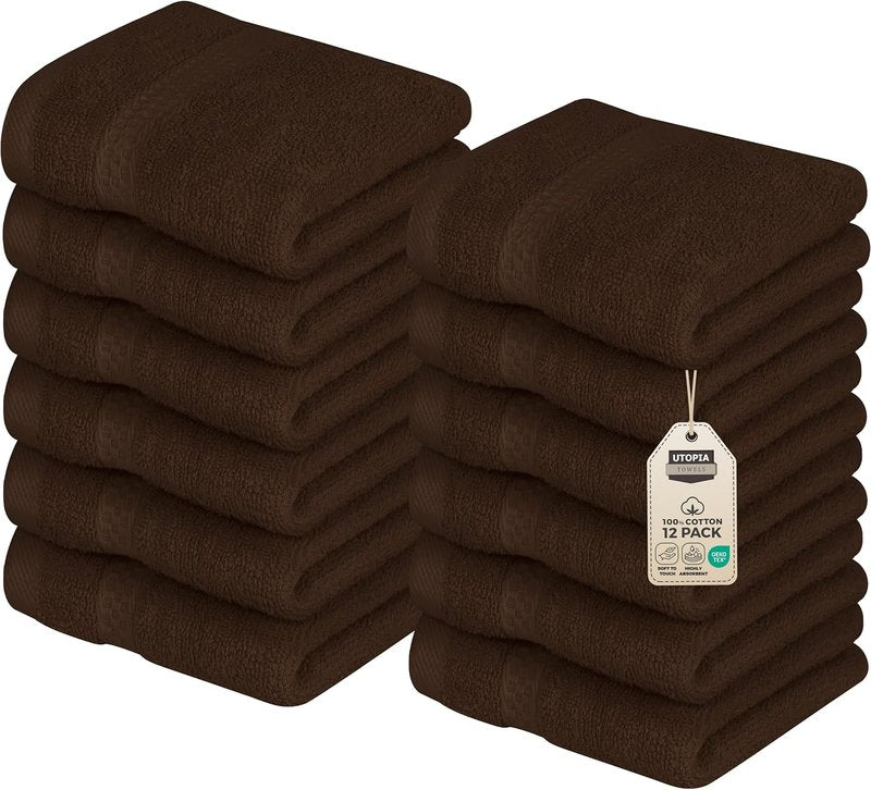 Utopia Towels Premium Wash Cloths Set - 12 Pack, 100% Cotton, Highly Absorbent | Dark Brown, 12x12 Inches