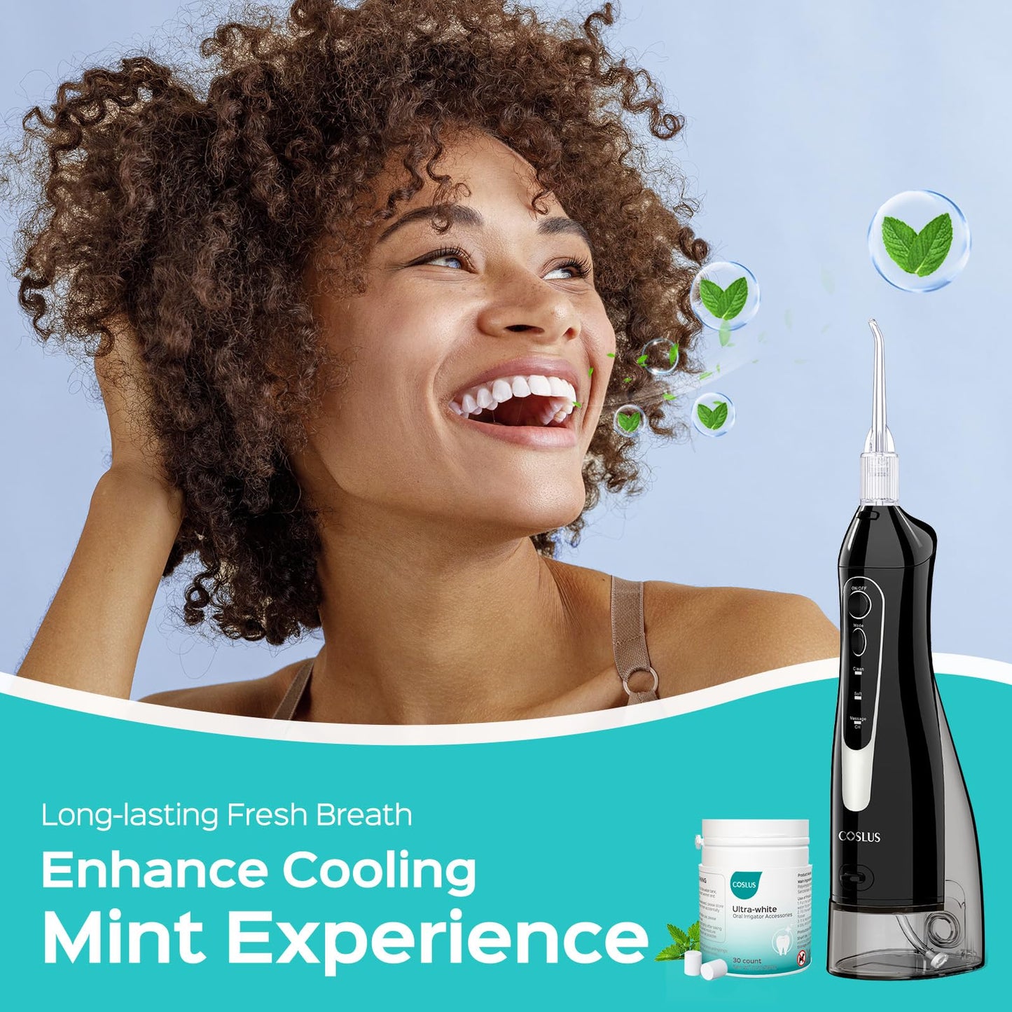 COSLUS Water Flosser Pick with Whitening Mint Flavor Refill Combo for Teeth, Braces, Gums Care - Easy to Use, Portable for Coffee Lovers & Travel, Rechargeable, BPA-Free, Black