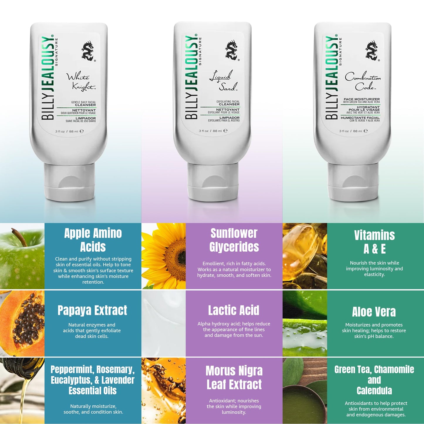 Billy Jealousy Face3Some Face Trio Vegan Mens Skin Care Kit with Travel Size Toiletries, Daily Facial Cleanser, Exfoliating Facial Cleanser and Skincare Moisturizer, Gentle Fresh Scent