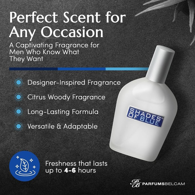 PB ParfumsBelcam Shades of Blue Eau de Toilette Spray for Men – Fresh Citrus Woody Cologne with Mandarin, Warm Spices & Musk – Mediterranean-Style Men’s Fragrance, Affordable Everyday Scent, 3.4 Fl Oz