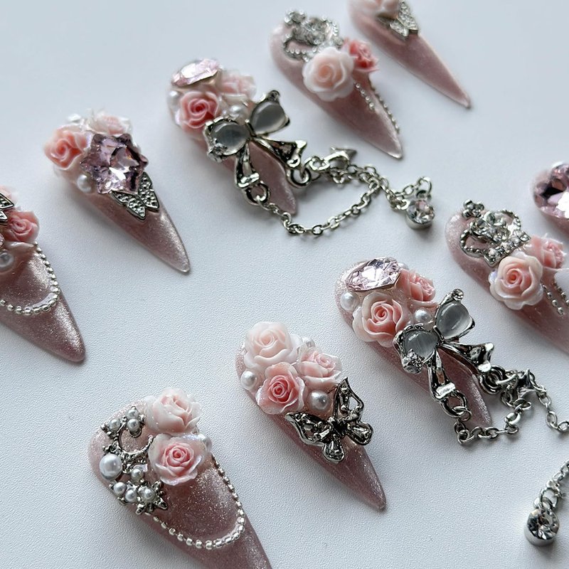 Luxury Press on Nails Long Almond Handmade 3D Unique Reusable ABS Material Fake Nails Pink Gothic False with Designs Glitter Bow Rhinestones Charms Glossy Glue on Nails Thick Acrylic Nails(M)