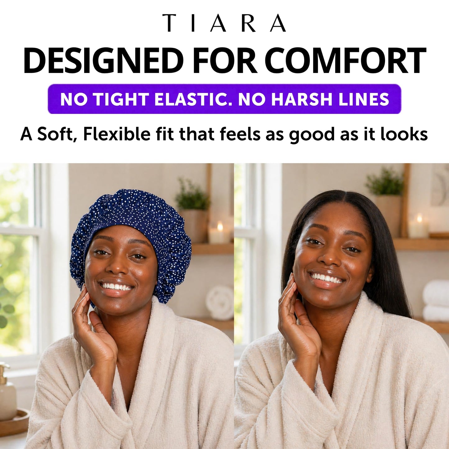 TIARA Reversible, Reusable, Waterproof Shower Cap – Large Shower Cap for Long. Short, Braided, or Thick Hair, Reversible Deep Conditioning Hair Cap, Soft Terry Lined, Machine Washable (Black Dots)