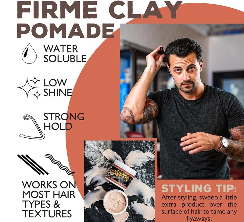 Suavecito Pomade Firme Clay for Men - Strong Hold, Low Shine Matte Finish - Professional Hair Styling Clay for Added Volume and Definition - 4 oz