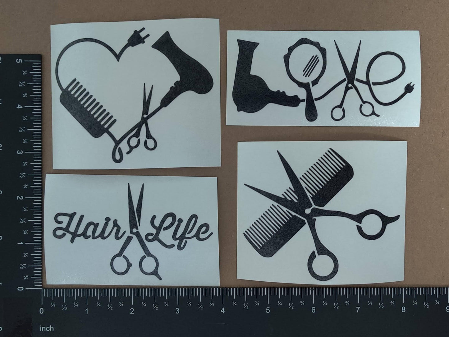 Hair Stylist Decal 4 Pack: Love, Heart, Comb and Scissors, Hair Life (Hairstylist Black, Small ~3.5")