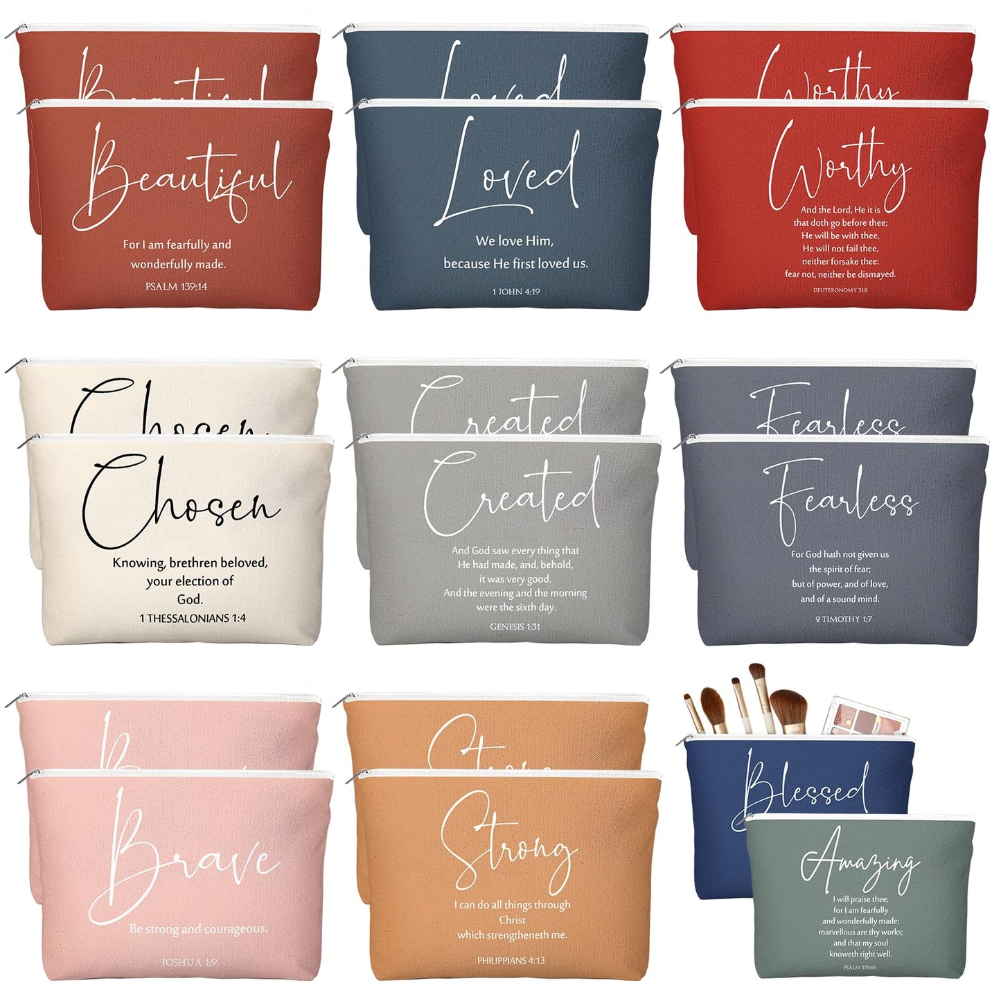 Huhumy 20 Pcs Christian Gifts for Women Bulk Religious Bible Verse Makeup Bag Inspirational Scripture Cosmetic Bag with Zipper VBS Graduation Church Favors for Ladies(Bright,Bible Words)