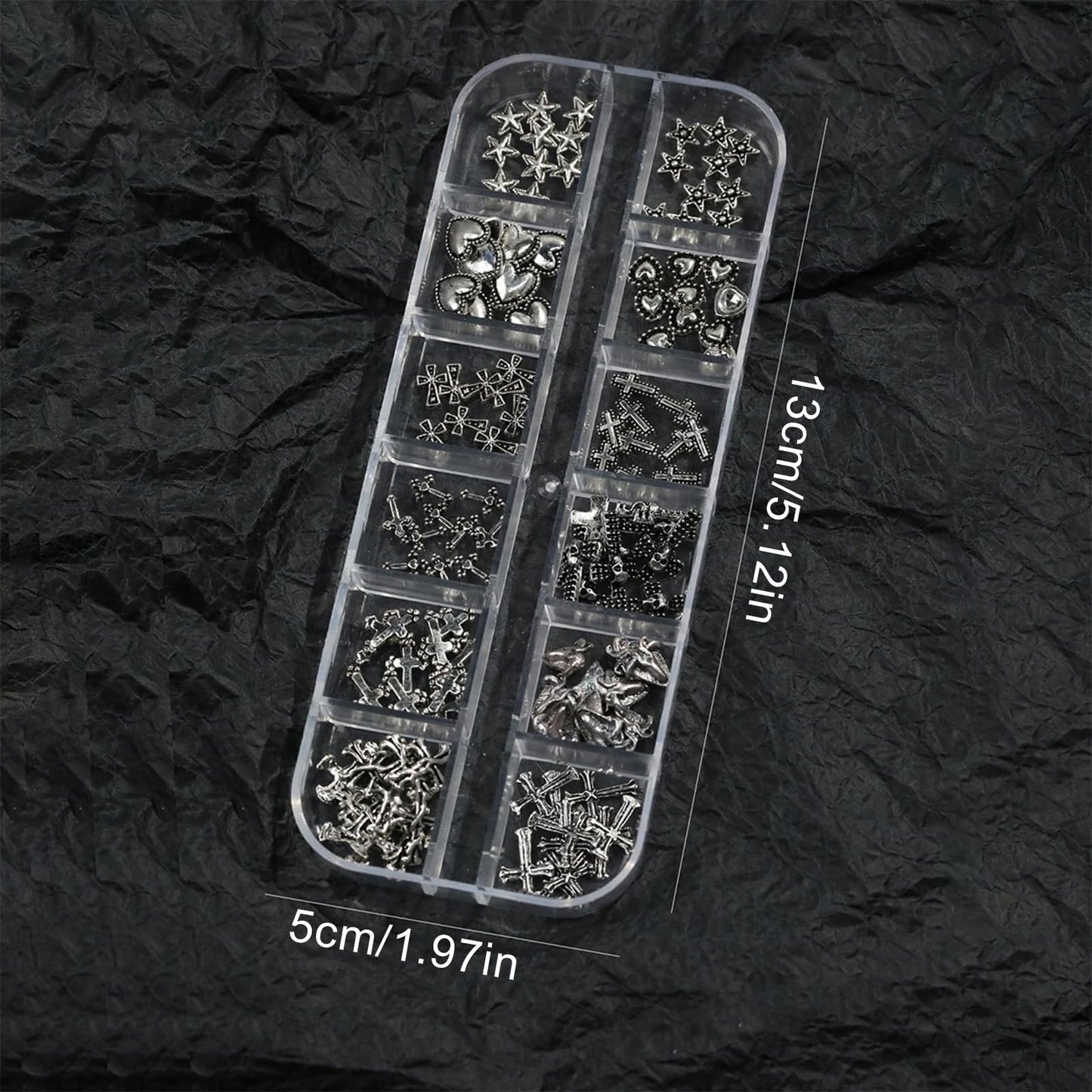 Cross Nail Charms,1Boxes 12Grids 3D Silver Goth Nail Gems,Vintage Metal Alloy Cross Star Heart Nail Charm Rhinestones Studs for Women Girls Manicure Design (B)