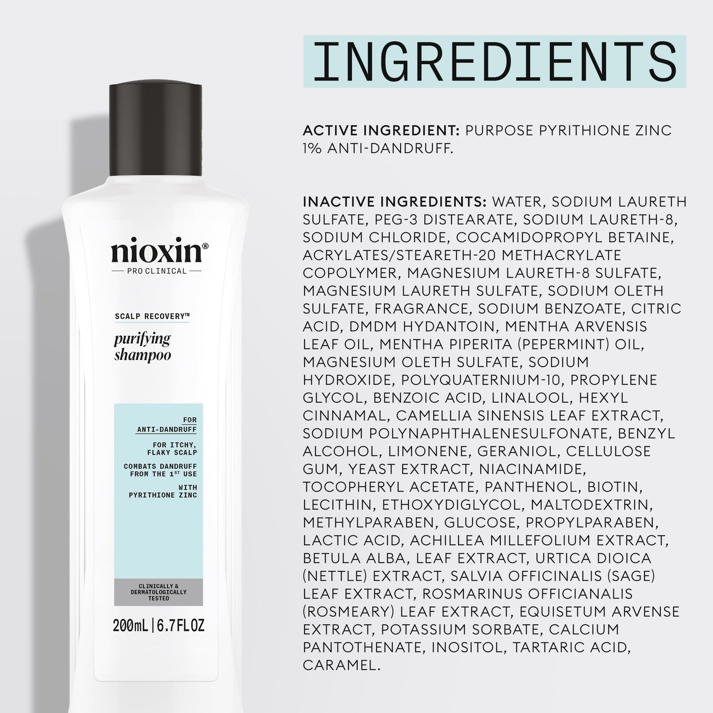 Nioxin Scalp Recovery Purifying Shampoo | For Dandruff and Itchy Scalp | With Pyrithione Zinc and Green Tea Extracts | 6.7 Fl oz.