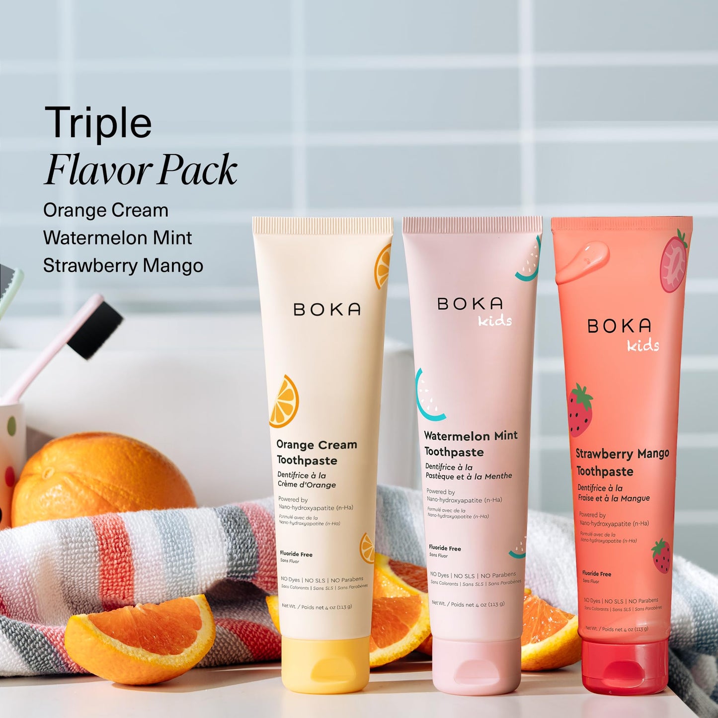 Boka Fluoride Free Toothpaste Nano Hydroxyapatite Toothpaste - Orange Cream, Watermelon Mint, Strawberry Mango Flavor, 4 oz 3Pk