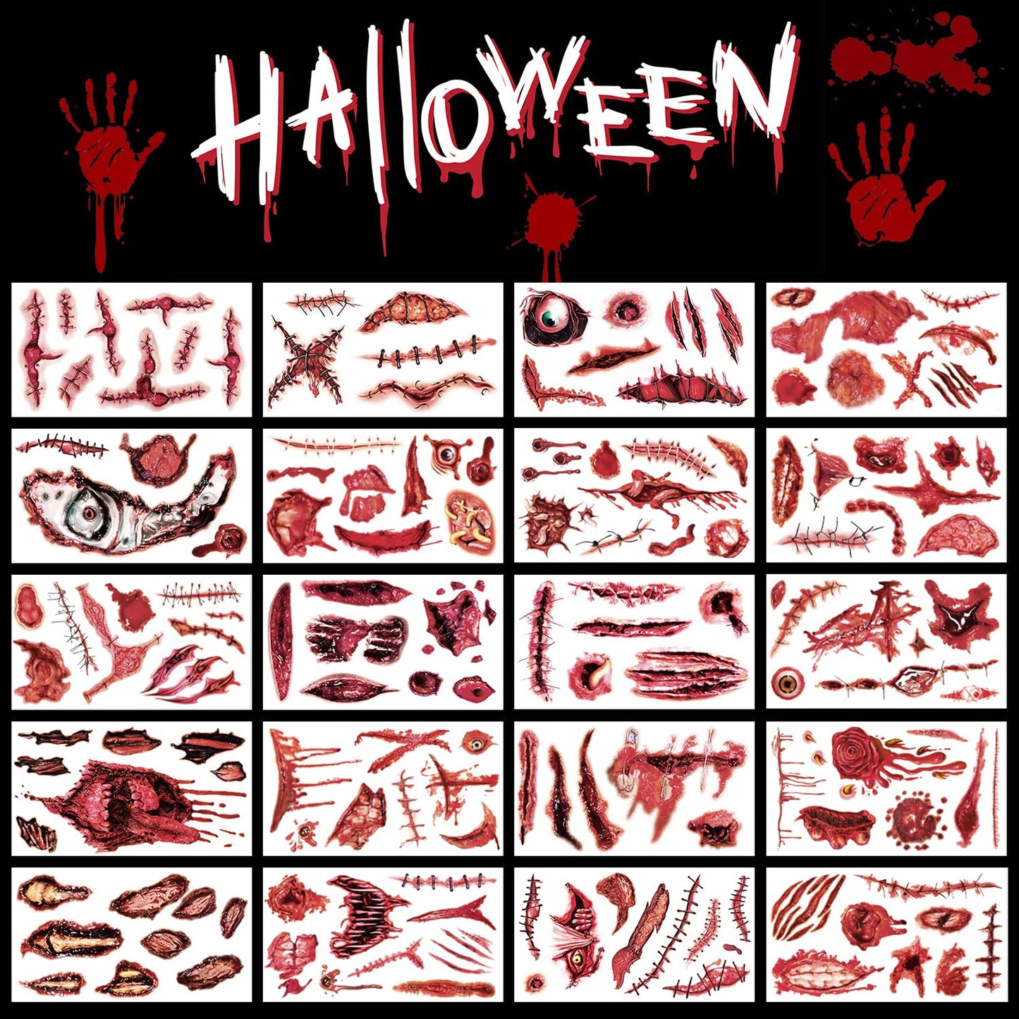 20 Sheets Body Face Fake Scar Halloween Makeup Kit, Halloween Temporary Tattoos Stickers for Kids Women Men, Party Favors Decorations Supplies, Gifts Goodie Bag Fillers