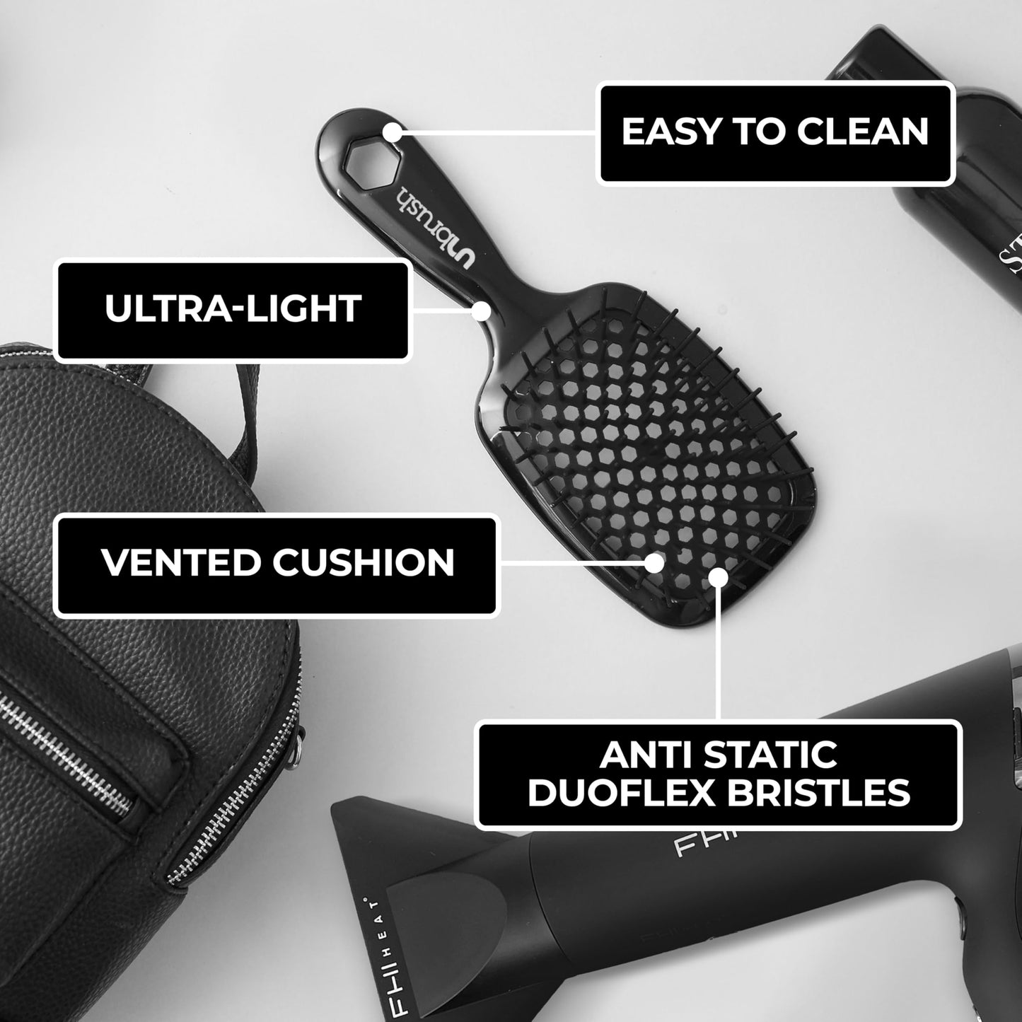 FHI Heat UNbrush Detangling Brush and UNwinder Detangling Spray Combo Pack - Tangle-Free Hair, Pain-Free Brushing, Anti-Static Bristles, Lightweight Hair Brush, Midnight