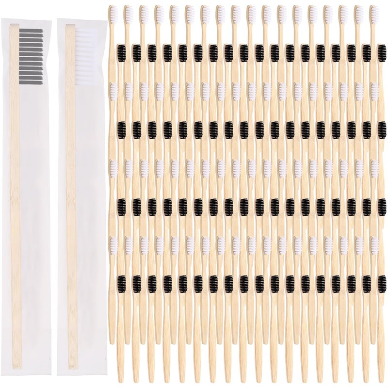 Vesici 100 Pcs Bamboo Toothbrushes Bulk Soft Bristles Toothbrushes with Micro Fur Ultra Wooden Bamboo Teeth Brushes Manual for Adults Travel Family Hotel Use Individually Packaged (Black,White)